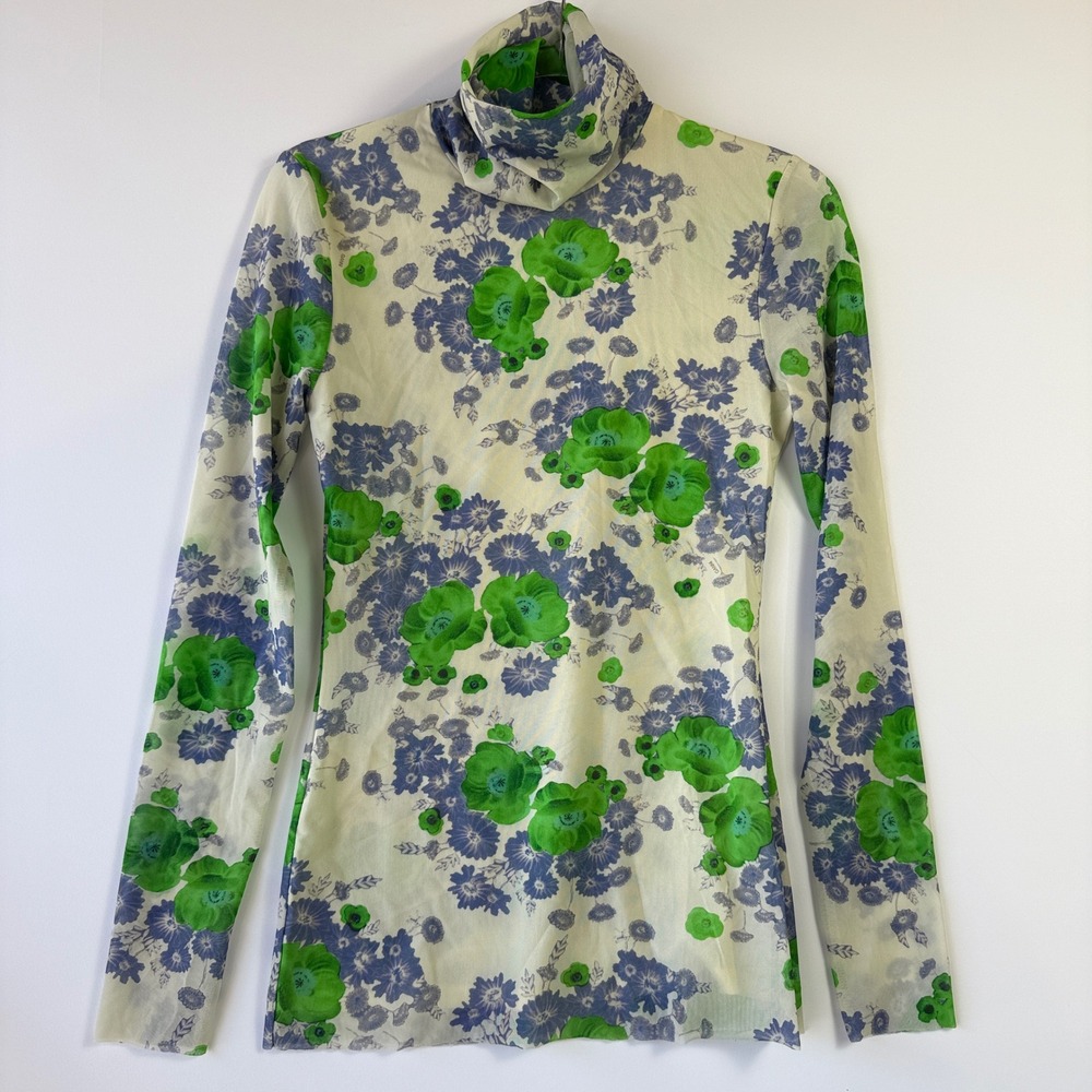 Ganni Floral Mesh Turtleneck Top Women Size 36 Green Purple Sheer Long Sleeve EX